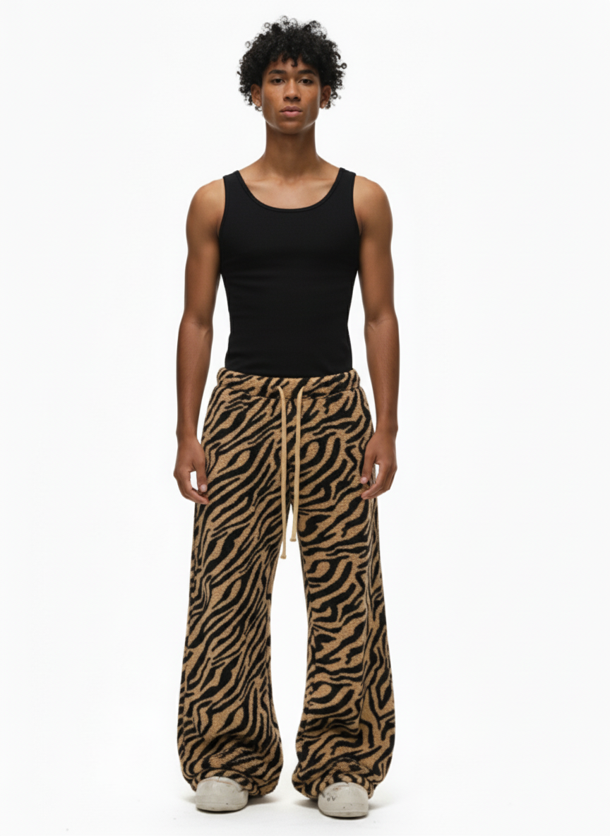Zebra Print Sherpa Barrel Pants – full body on model front | XoKool