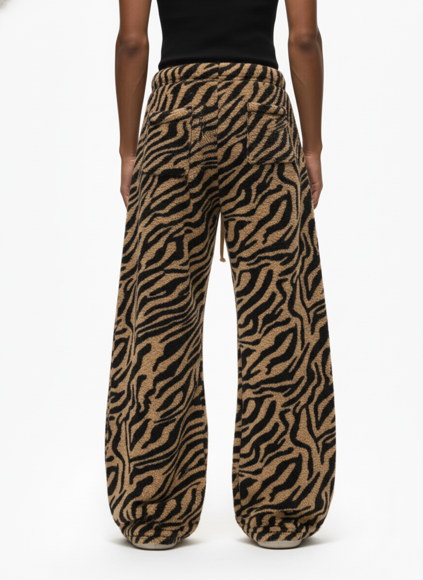 Zebra Print Sherpa Barrel Pants – on model back | XoKool