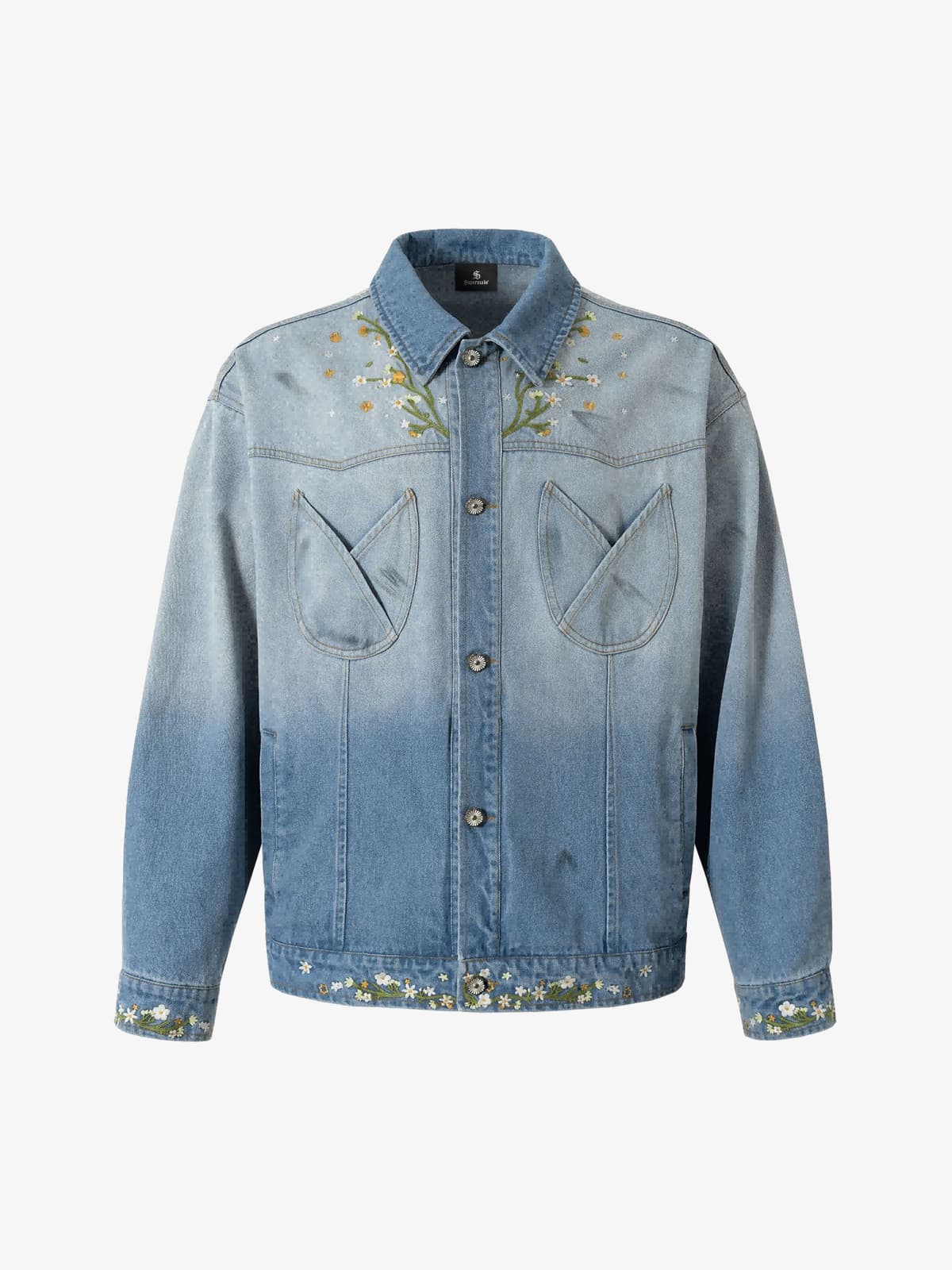 Denim Gradient-Dyed Floral Embroidered Jacket