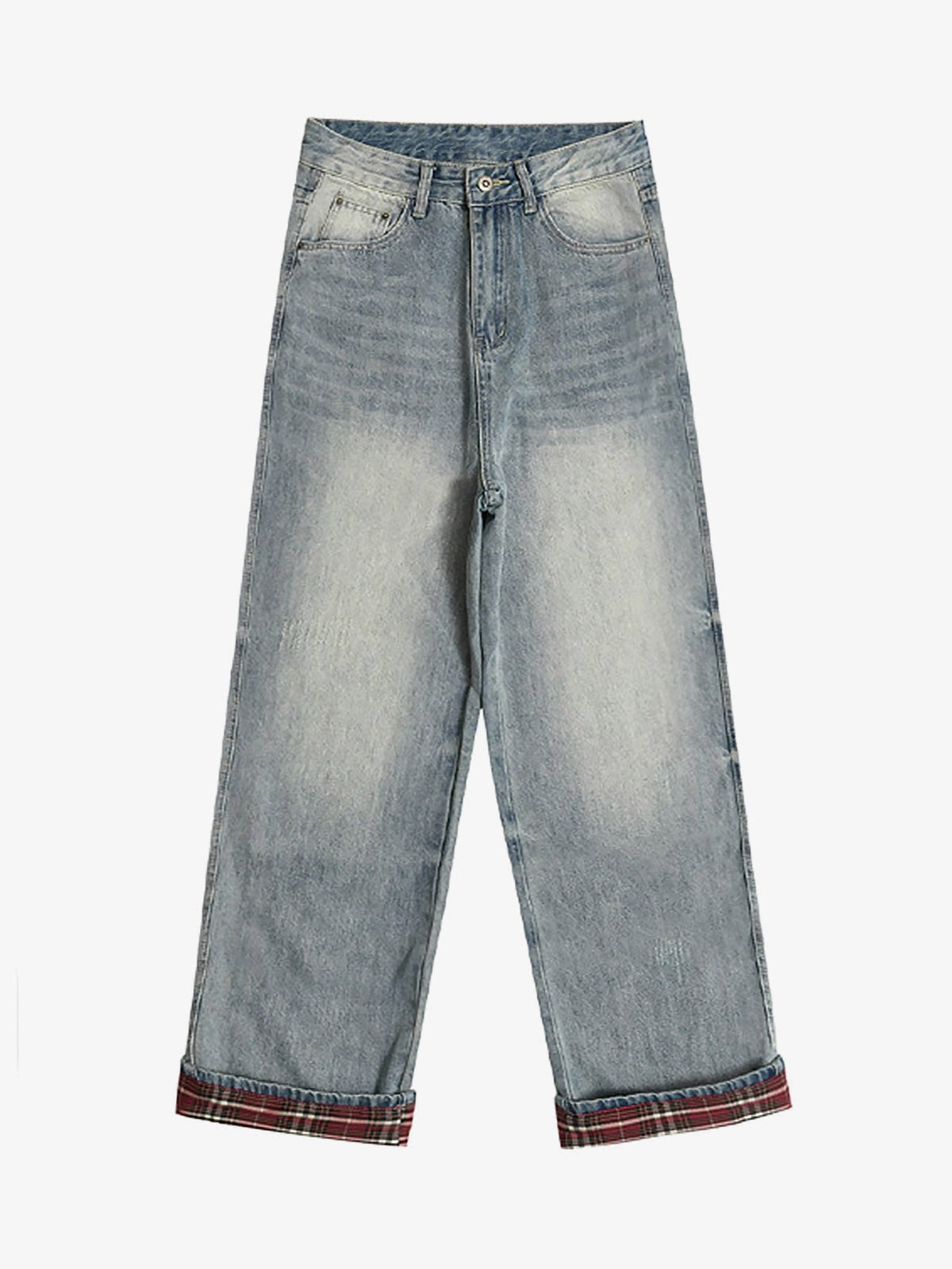 Light Wash Cuffed Baggy Jeans with Plaid Turn-Ups – front | XoKool