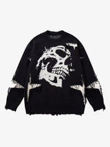 Hip-Hop Dark Skull Frayed-Edge Knit Sweater