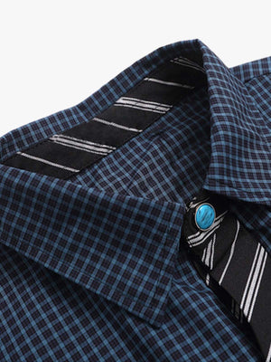 Tie Contrast Stitching Casual Plaid Shirt - thumbnail 3