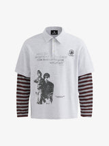 Jersey Waffle Faux Two-Piece Lapel Collar Striped Sweatshirt