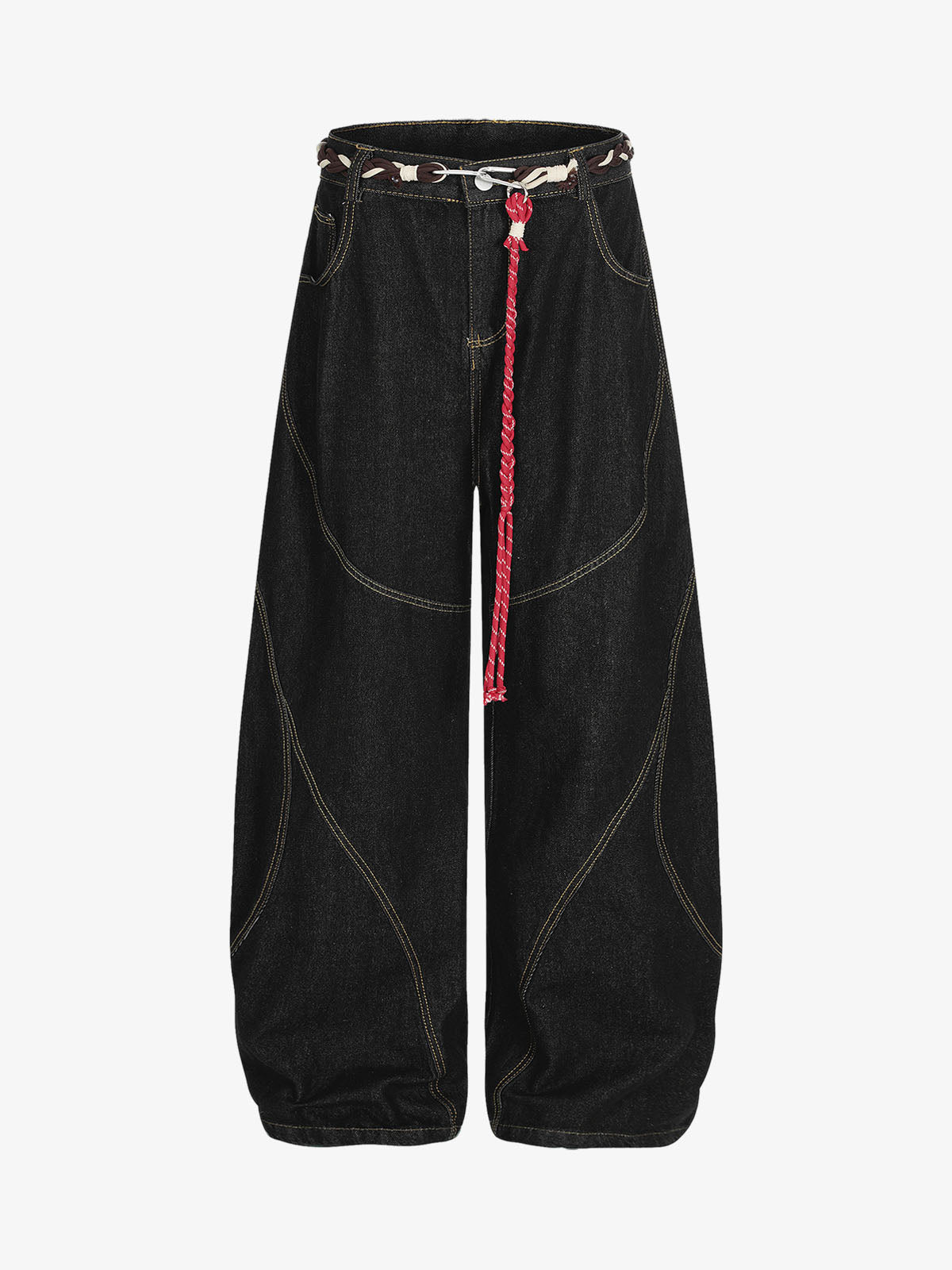 Denim Retro Belt Detail With Patchwork Barrel Jeans