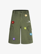 Retro Floral Embroidered Pleated Multi-Pocket Cargo Jorts