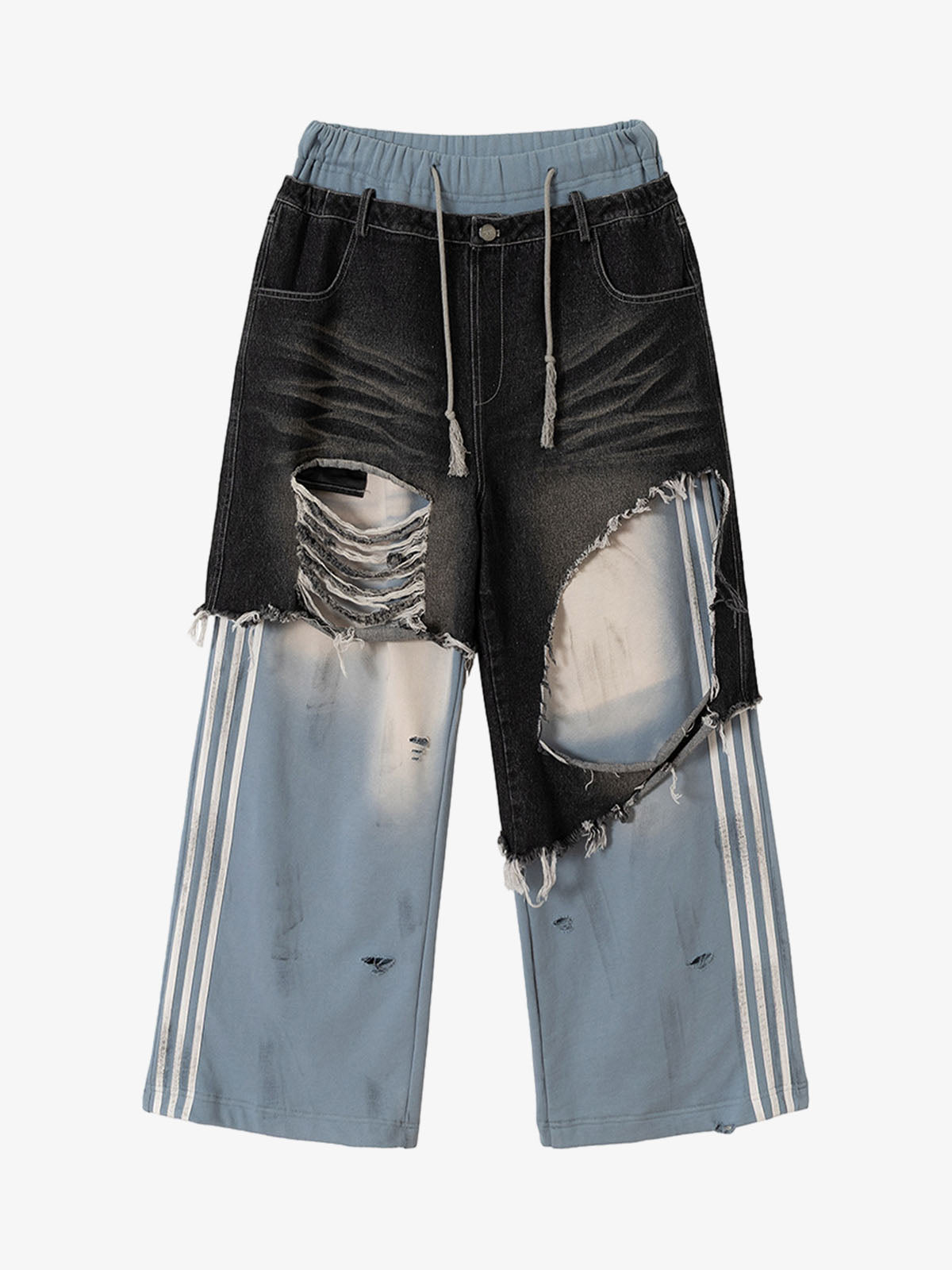 Double-Waistband Denim Patchwork Ripped Casual Pants