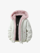 Retro Contrast Fur Collar Quilted Cotton Bomber Jacket