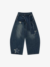 Vintage Design Lace-Up Star Embroidered Scimitar Jorts