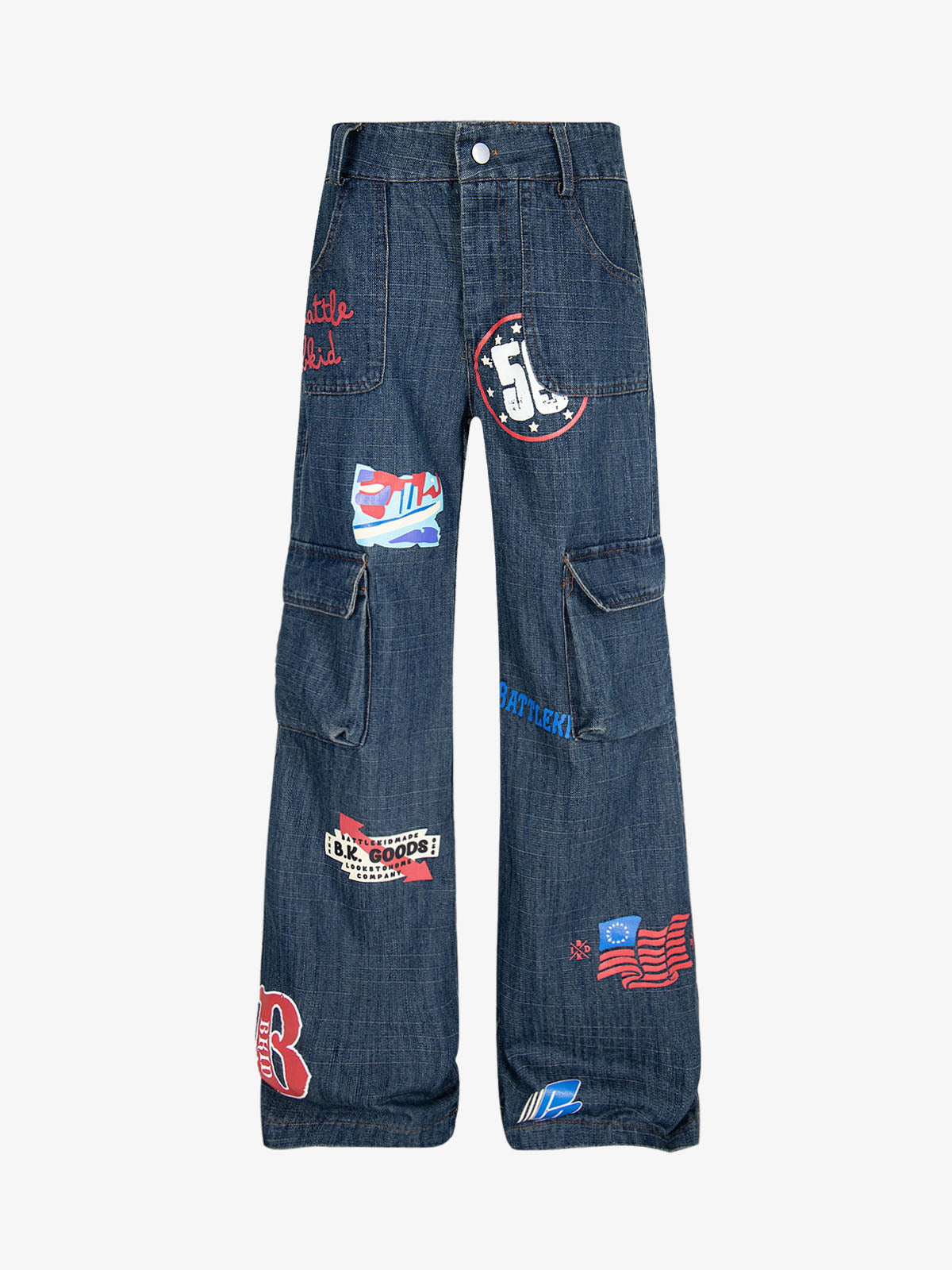 Letter Print Cargo Multi-Pocket Jeans