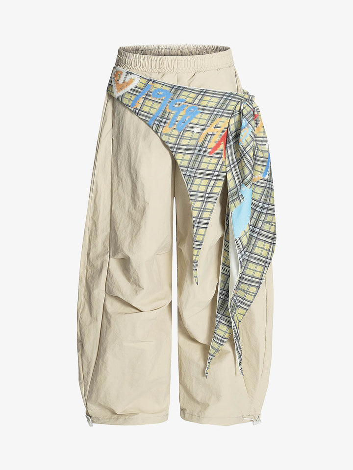 Balloon Parachute Pants with Graffiti Plaid Wrap