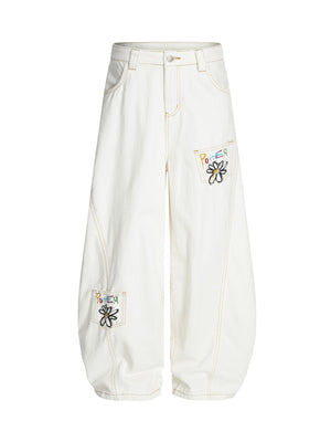 Embroidered Floral Patches Barrel Jeans - thumbnail 1
