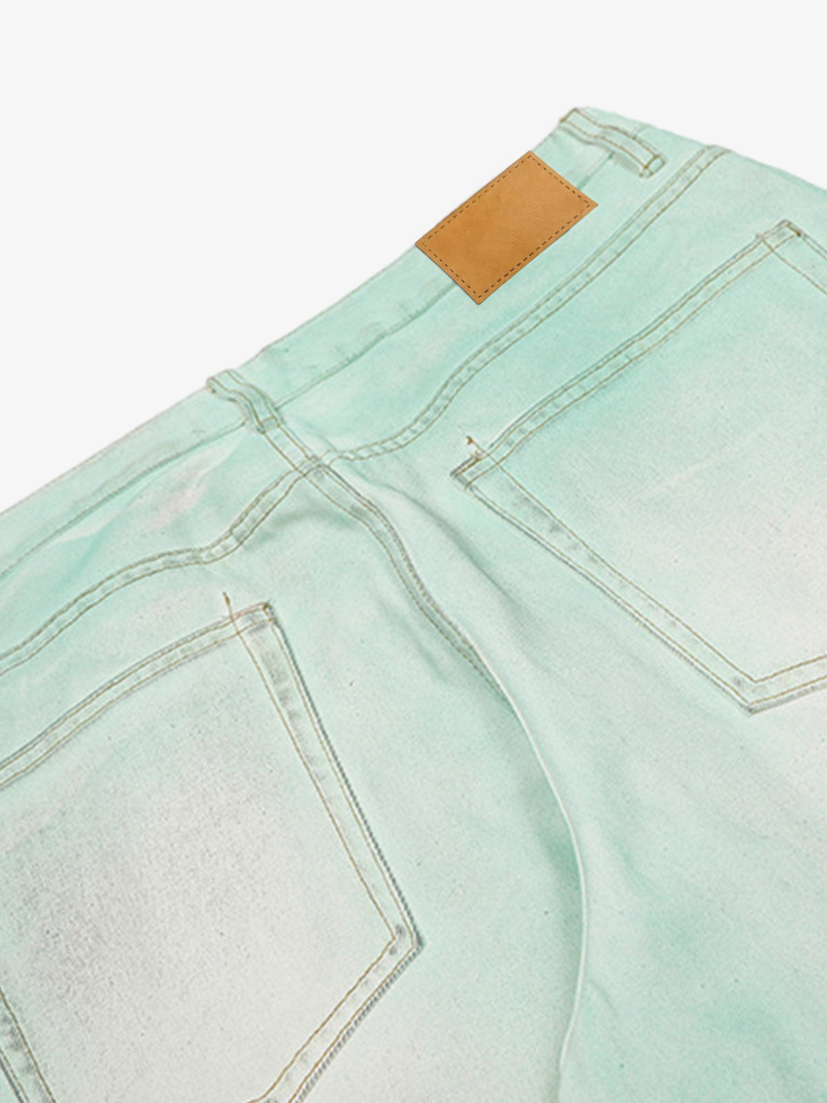 Mint Green Baggy Jeans with Faded Wash – back pocket and patch close-up | XoKool