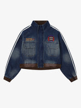 Retro Badge Embroidered Cropped Denim Jacket