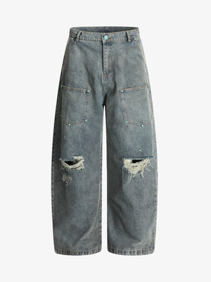 Distressed Rivet-washed Ripped Barrel Jeans - thumbnail 1