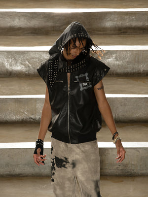 Thorn Destruction Frame Pattern Leather Vest - thumbnail 5