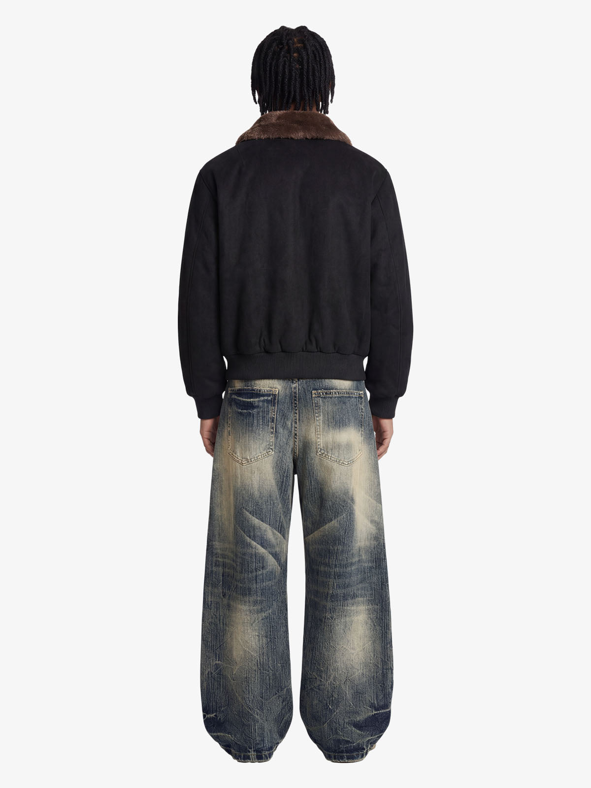 Suede bomber jacket – Black, on model, back full | XoKool
