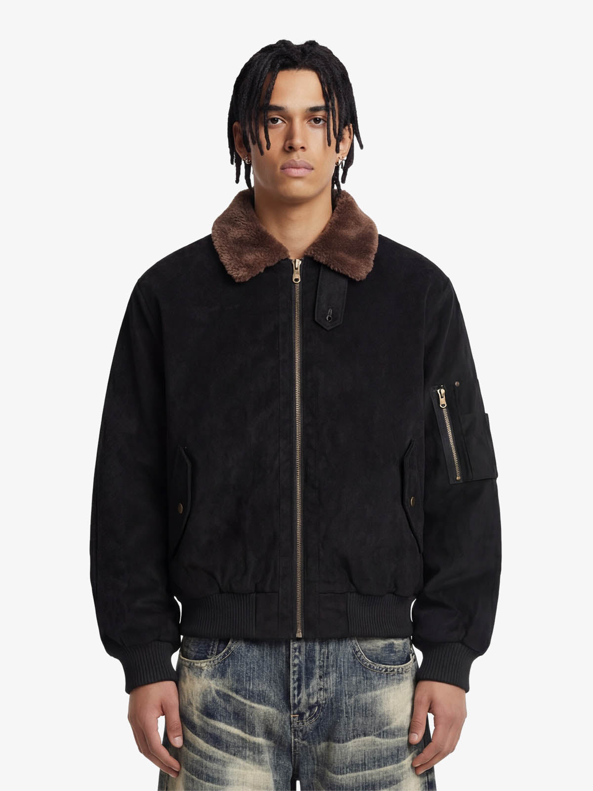 Suede bomber jacket – Black, on model, front | XoKool
