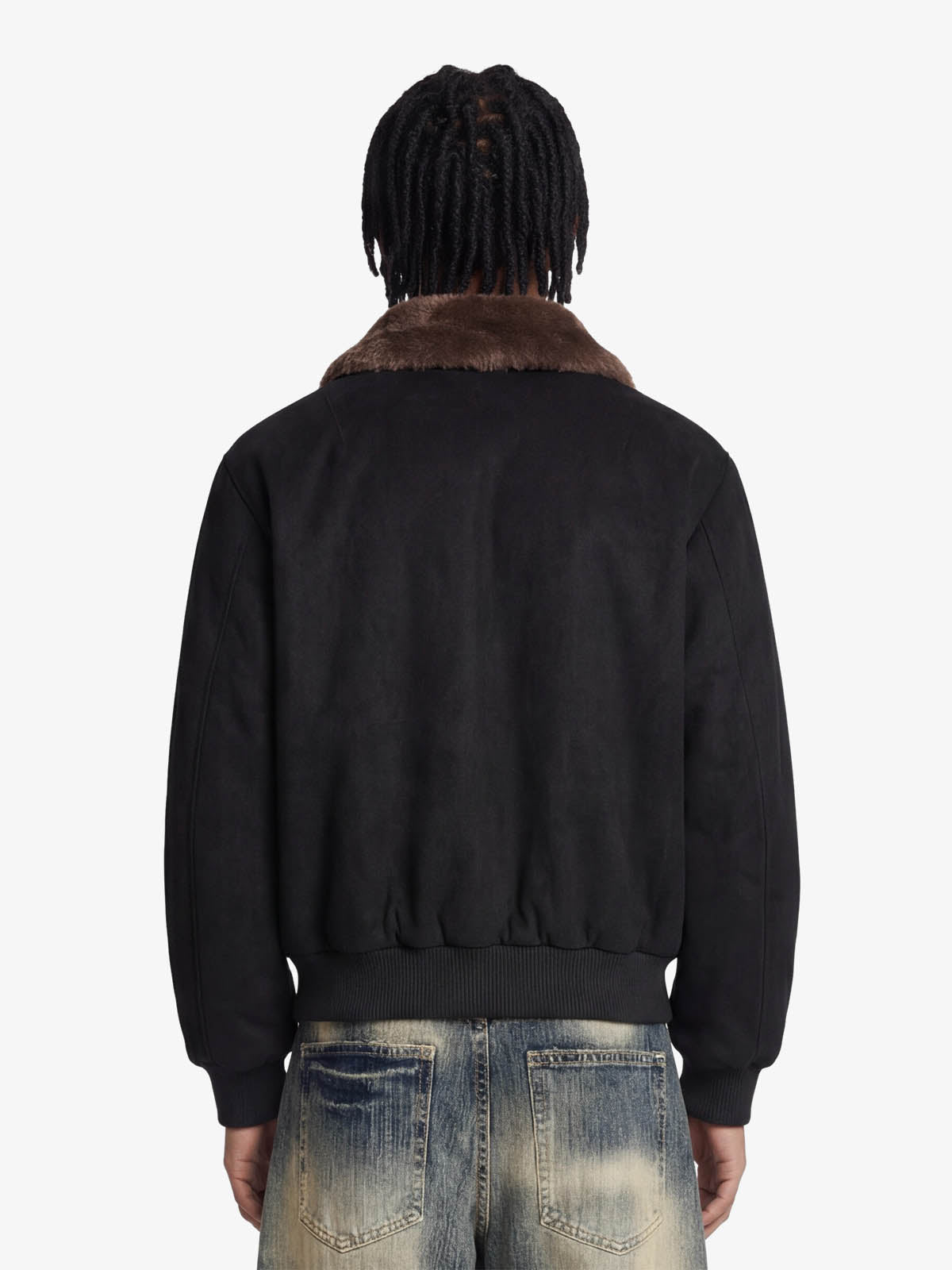 Suede bomber jacket – Black, on model, back | XoKool