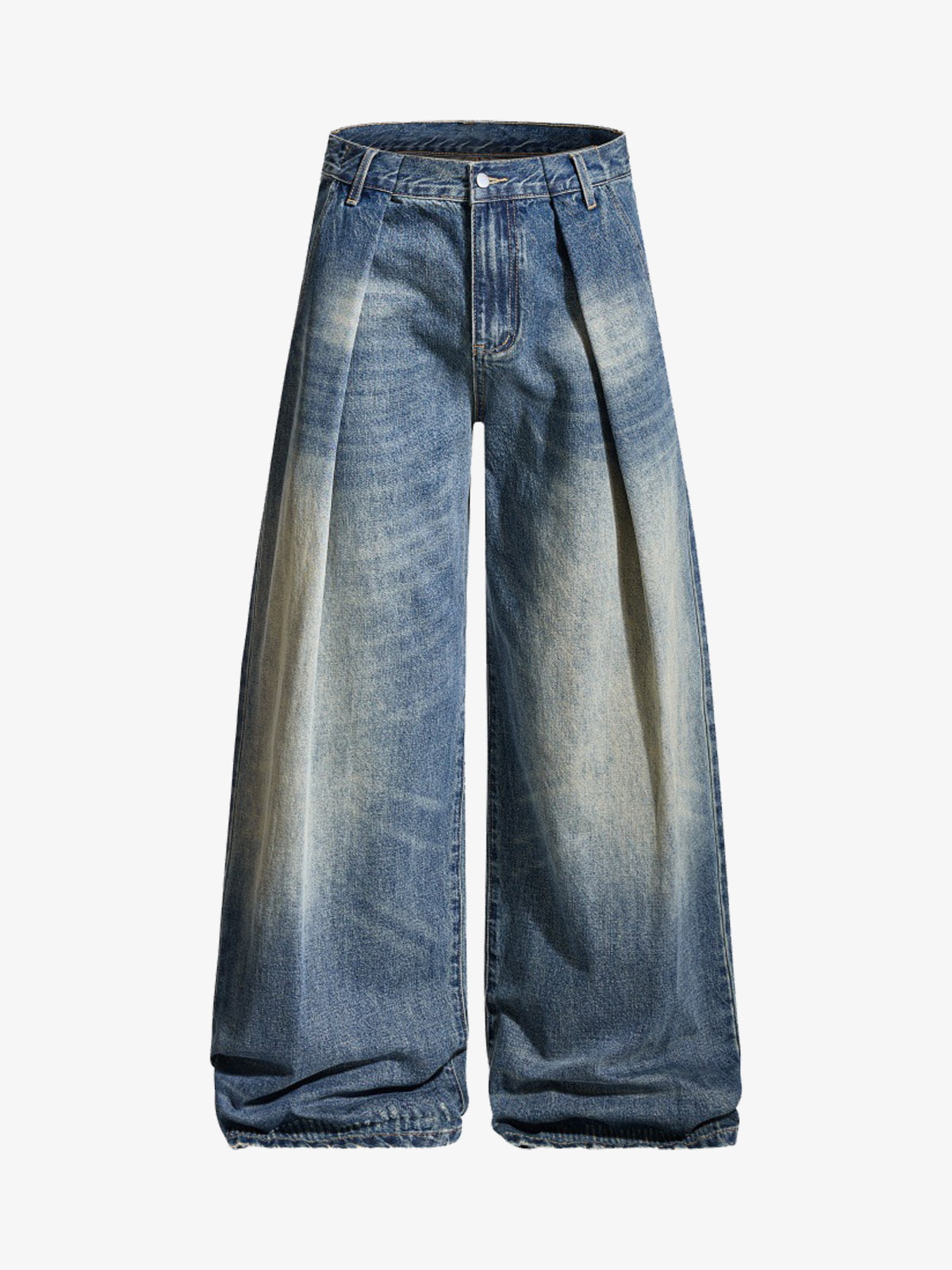 Vintage Washed Pleated Wide-Leg Jeans