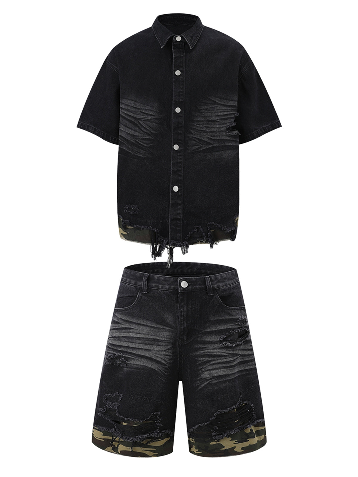 Patchwork Camouflage Ripped Shirt Jorts Denim Suit Streetwear - 7003
