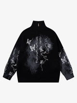 Ink-Splashed Butterfly Jacquard Zip Knit Sweater