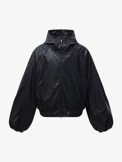 Cropped Hooded Faux Leather Bomber Jacket