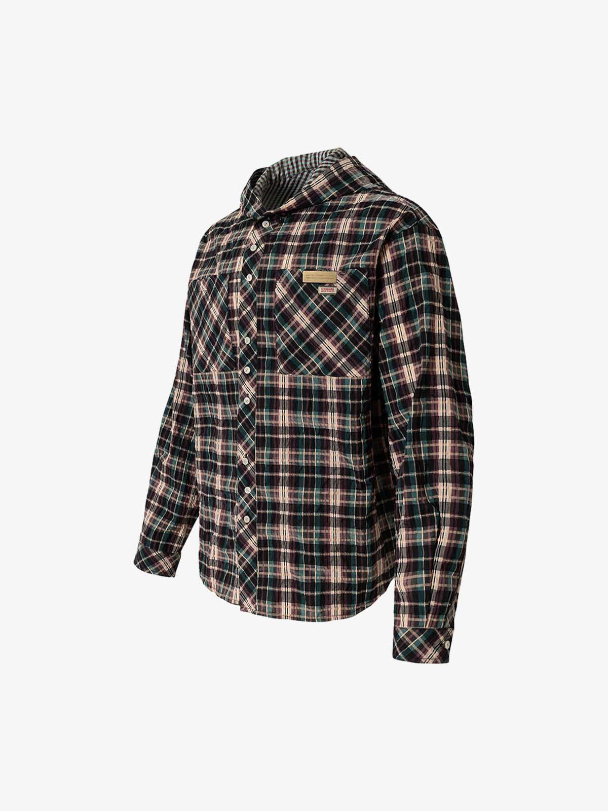 Retro Plaid Patchwork Hooded Work Shirt - image 3