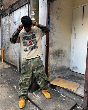 Camo Sleeve Layered Long Sleeve Graphic Tee – On model, street photo | XoKool