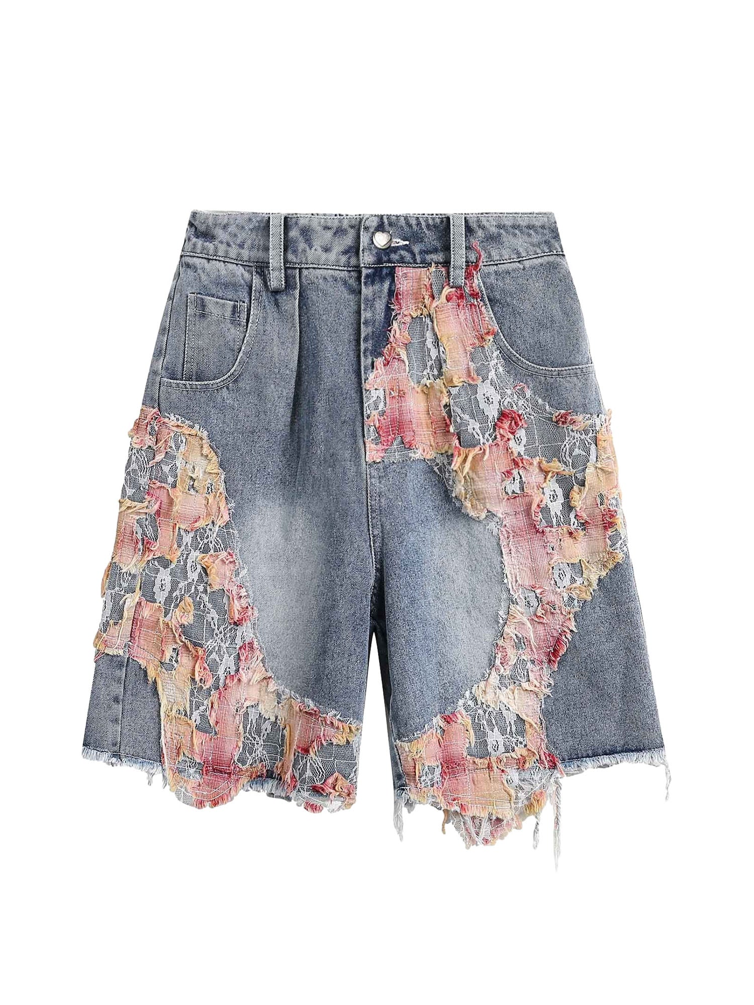 Craftsmanship Ripped Floral Denim Shorts Boho Casual Style - 10003