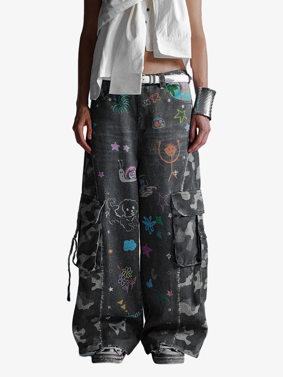 Graffiti Print Cold Transfer Camouflage Layered Cargo Jeans