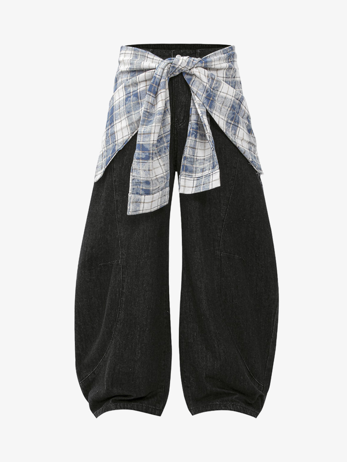 Layered Plaid Shirt-Tied Waist Barrel Jeans