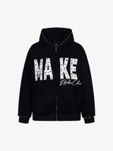 Retro Diamond Beaded Letter Zip Hooded Sweatshirt