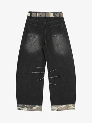 Washed Black Ripped Barrel Jeans with Camo Belt – back view | XoKool