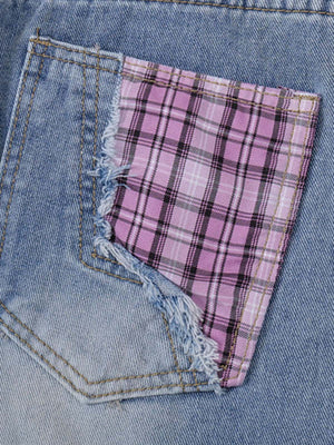 Light Wash Wide Leg Jeans with Pink Plaid Bow – plaid pocket close-up | XoKool