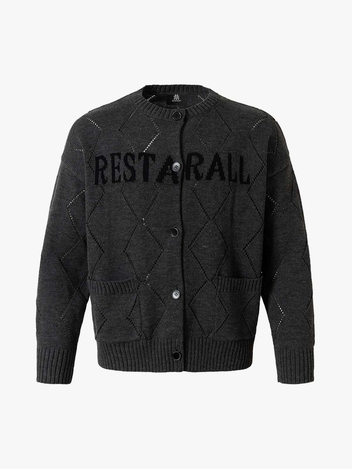 Retro Diamond Check Hollow Knit Cardigan Sweater