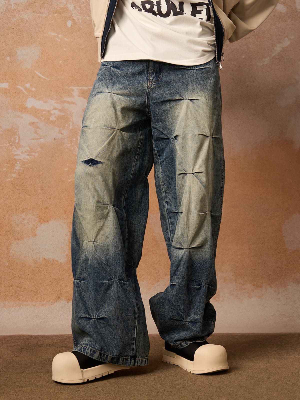 Super Baggy Stacked Jeans with Pleat Tucks – on model, front close | XoKool
