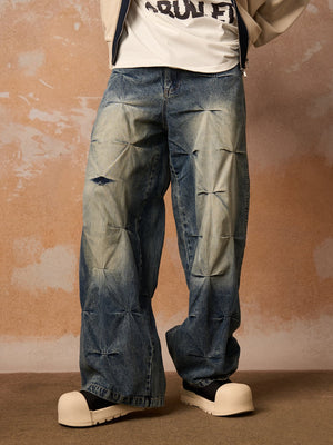 Super Baggy Stacked Jeans with Pleat Tucks – on model, front close | XoKool