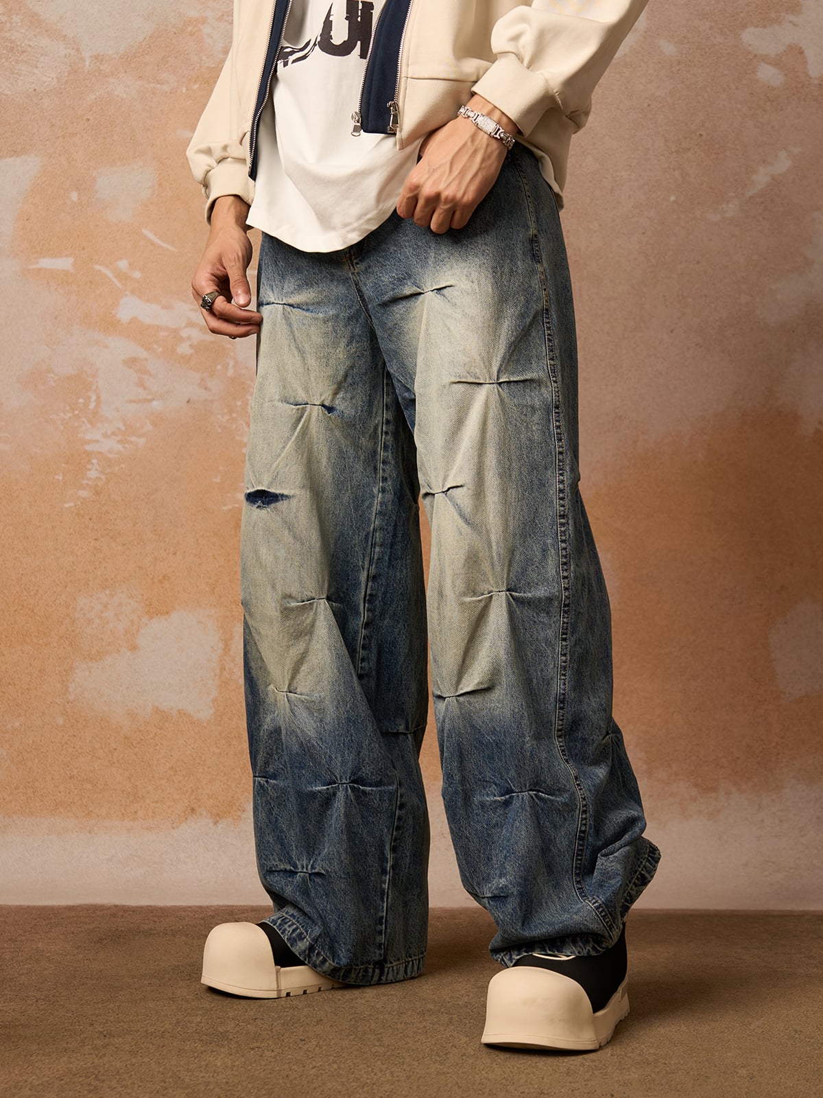 Super Baggy Stacked Jeans with Pleat Tucks – on model, front close | XoKool