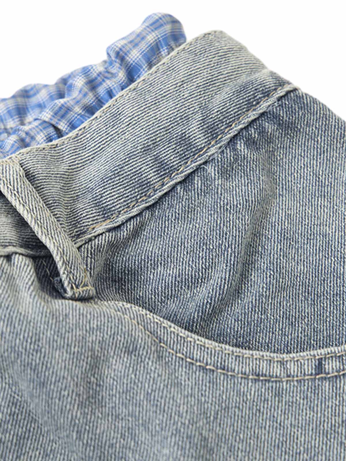Double Waist Baggy Jeans with Plaid Band – pocket & waist close-up | XoKool