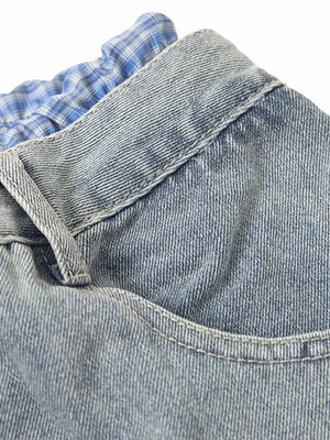 Double Waist Baggy Jeans with Plaid Band – pocket & waist close-up | XoKool