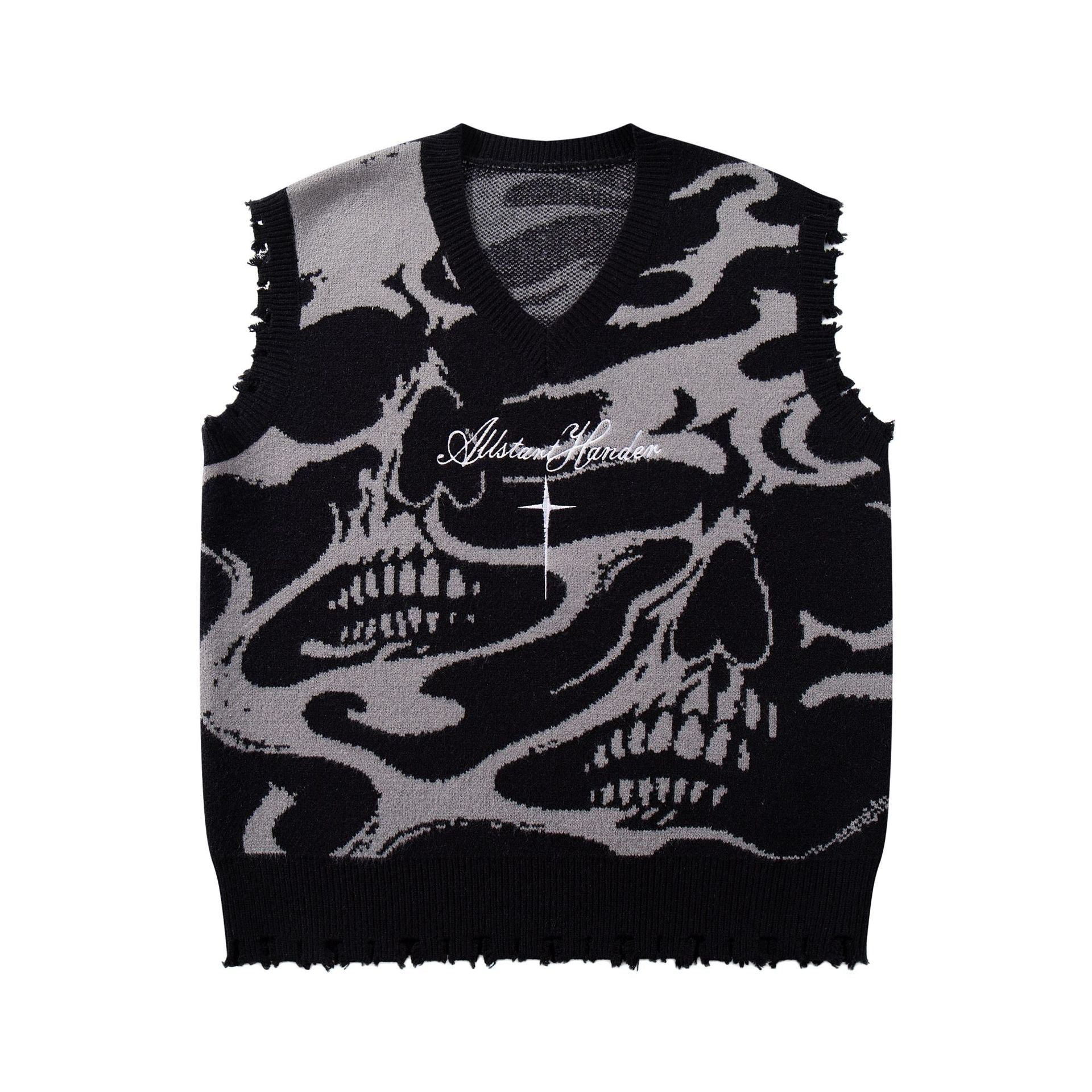 High Street Dark Skull Frayed-edge V-neck Sweater Vest - Black