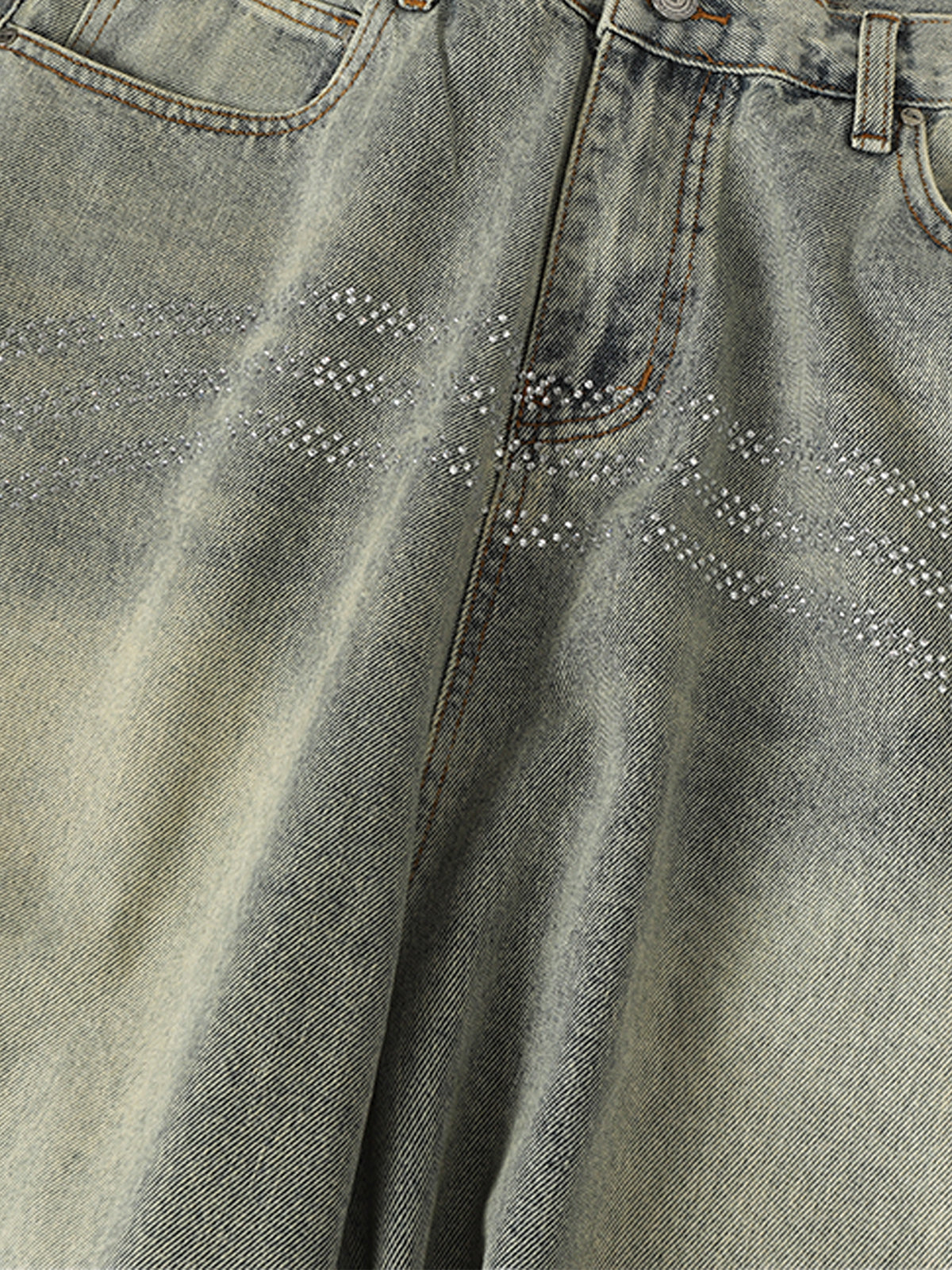 Light Wash Baggy Jeans with Rhinestone Stripes – rhinestone front close-up | XoKool