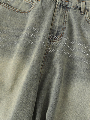 Light Wash Baggy Jeans with Rhinestone Stripes – rhinestone front close-up | XoKool
