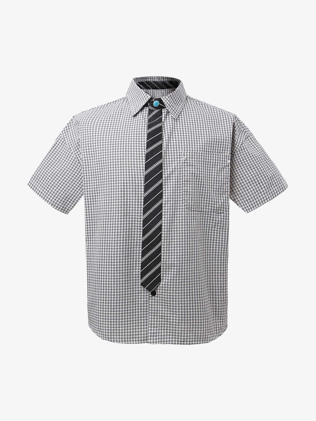 Tie Contrast Stitching Casual Plaid Shirt - Black And White