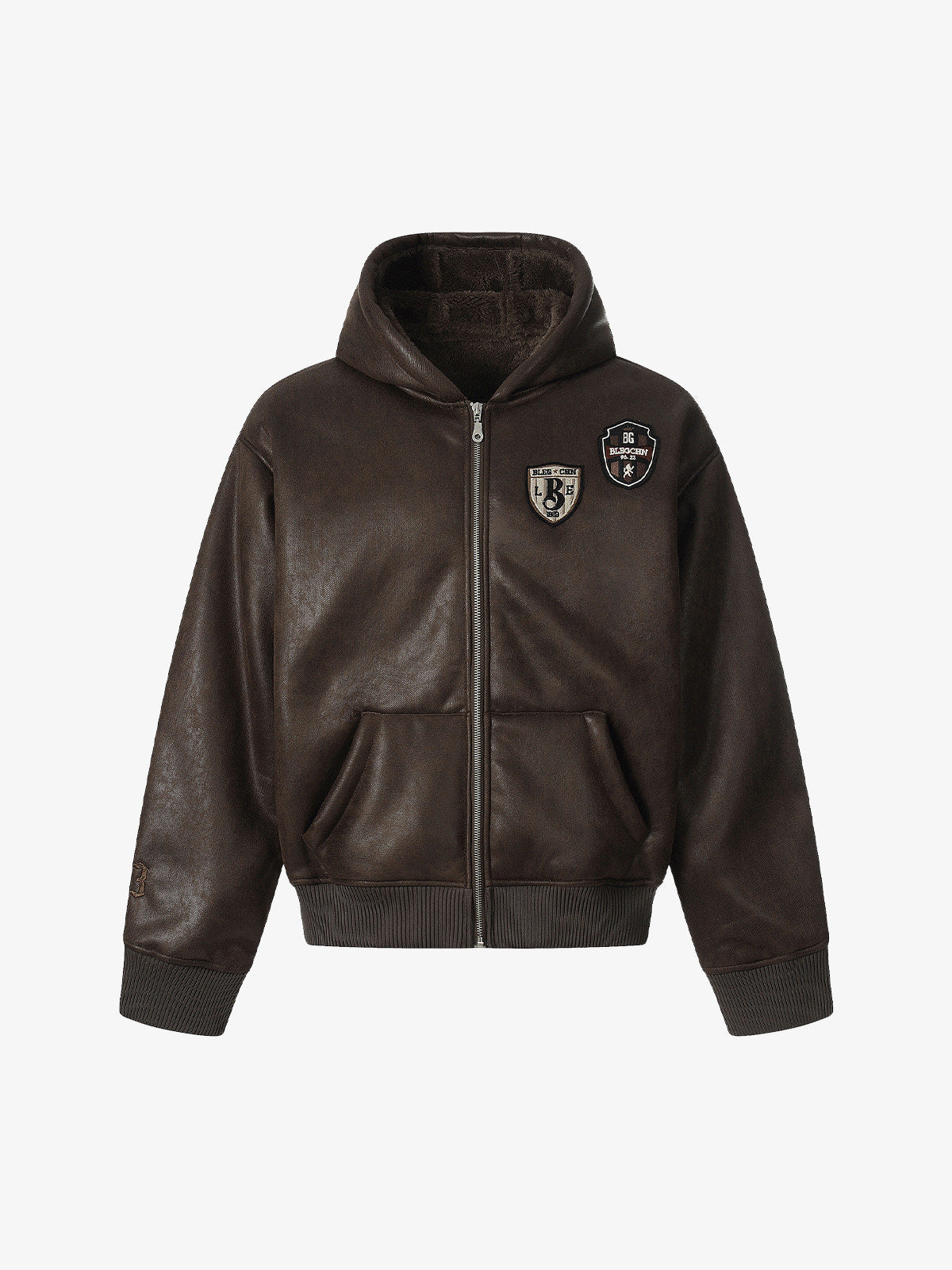 Vintage Leather Badge Fleece-lined Hooded Zip Bomber Jacket
