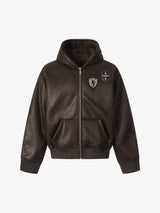 Vintage Leather Badge Fleece-lined Hooded Zip Bomber Jacket