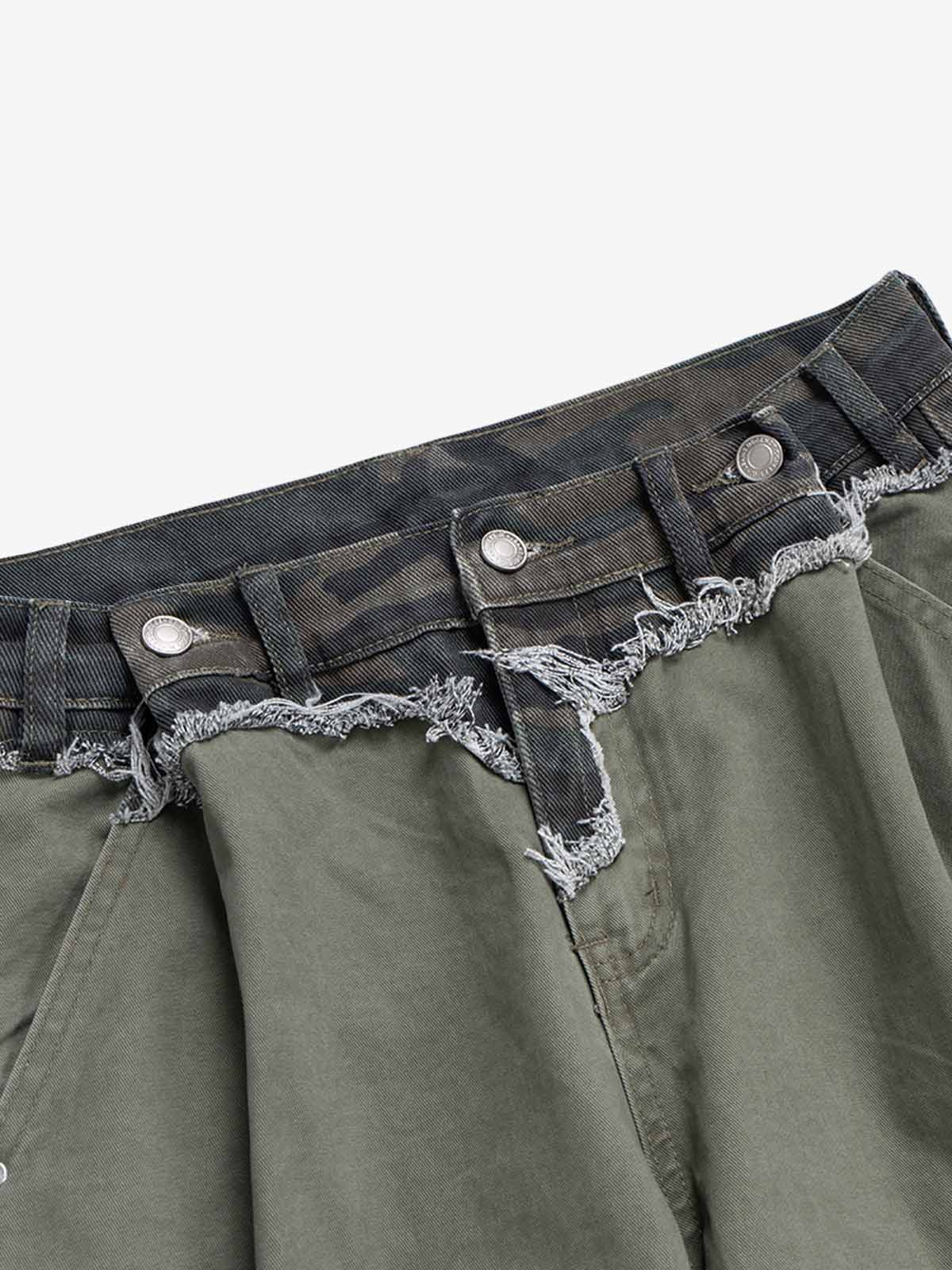 Olive Ripped Carpenter Jeans with Camo Waistband – camo waistband close-up | XoKool