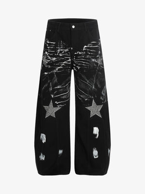 Black Painted Barrel Jeans with Rhinestone Stars – Black, front flat | XoKool