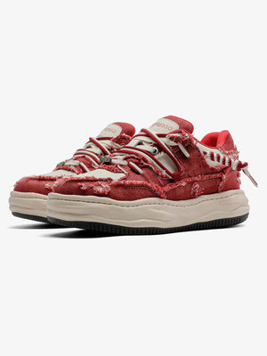 Red Washed Denim Height Increasing Sneakers – pair, side view | XoKool