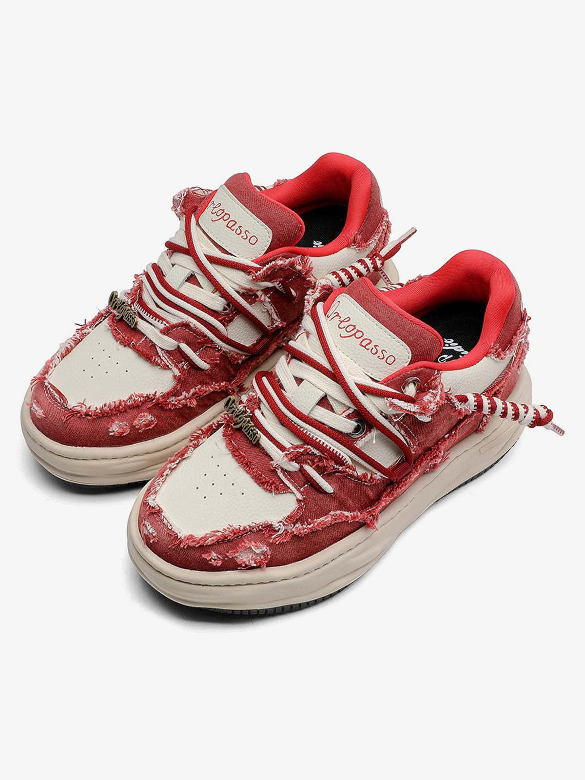 Red Washed Denim Height Increasing Sneakers – pair, angled top | XoKool